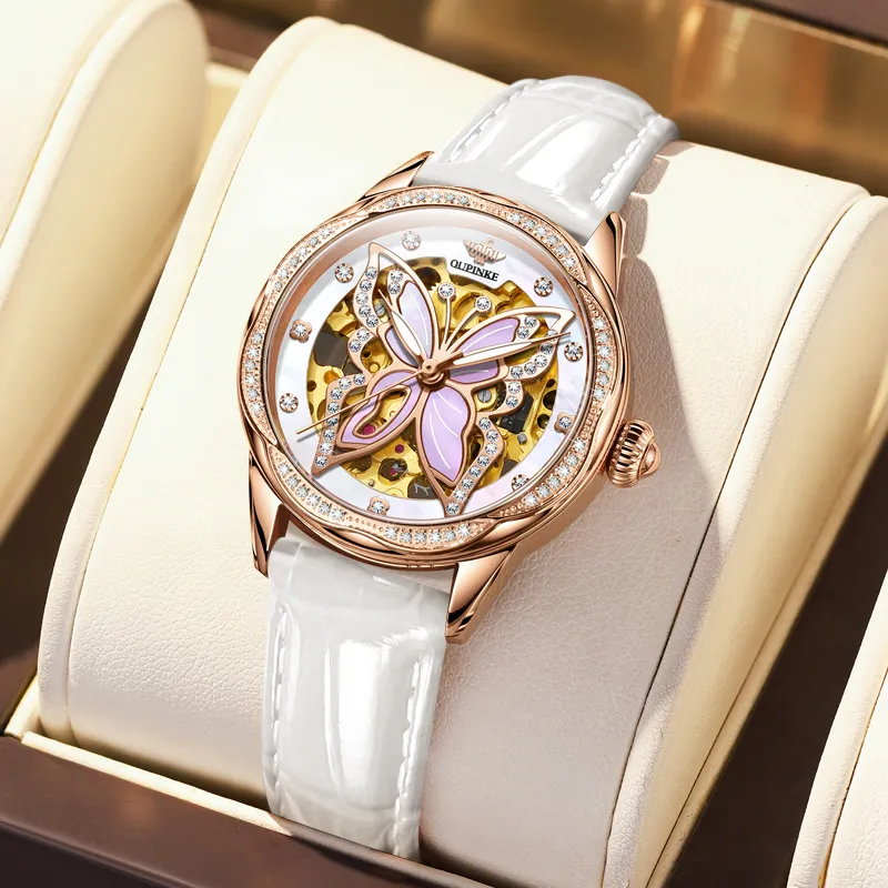 Oupinke AIR-BORN Collection Ceramic Rhinestone-Embellished Mechanical Movement Watch Women's Watch White Dial-17