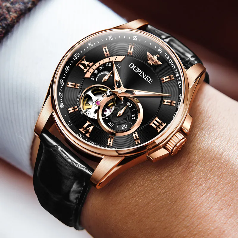 Oupinke Gaias Collection Cut Out Fly Reel Mechanical Movement Leather Strap Watch Men's Watches White Dial-19
