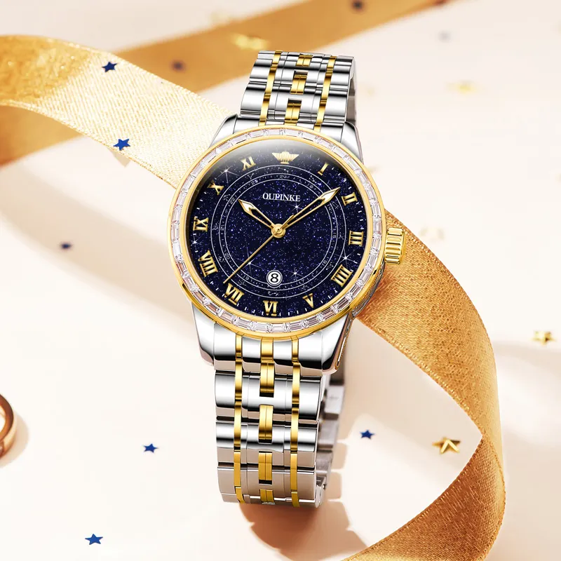 Oupinke Starry Sea Collection Mechanical Movement Stainless Steel Watchband Watch Women's Watch Blue Dial-4