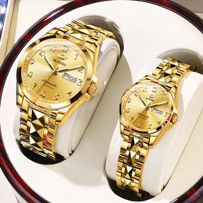 Oupinke Watch Couple's 1 Pair Mechanical Movement Stainless Steel Watchband Watch Unisex White Dial-19