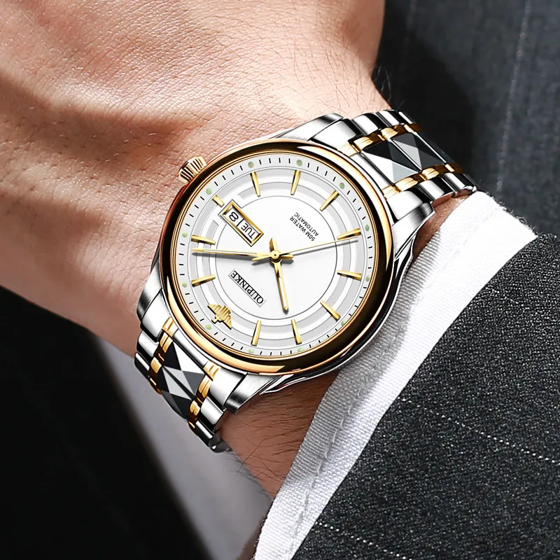 Oupinke Mechanical Movement Stainless Steel Watchband Watch Men's Watches White Dial-2