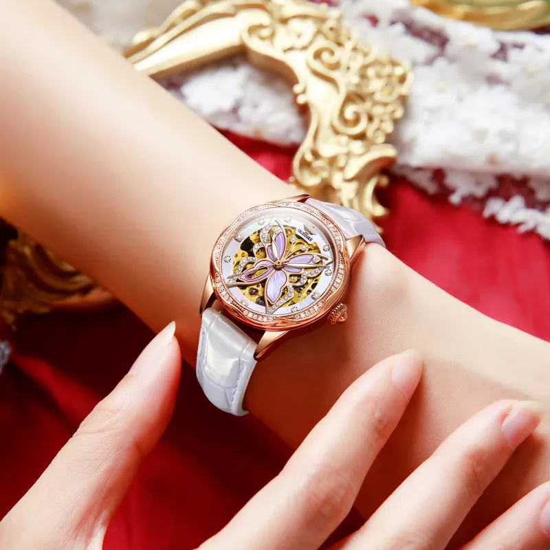 Oupinke AIR-BORN Collection Ceramic Rhinestone-Embellished Mechanical Movement Watch Women's Watch White Dial-19