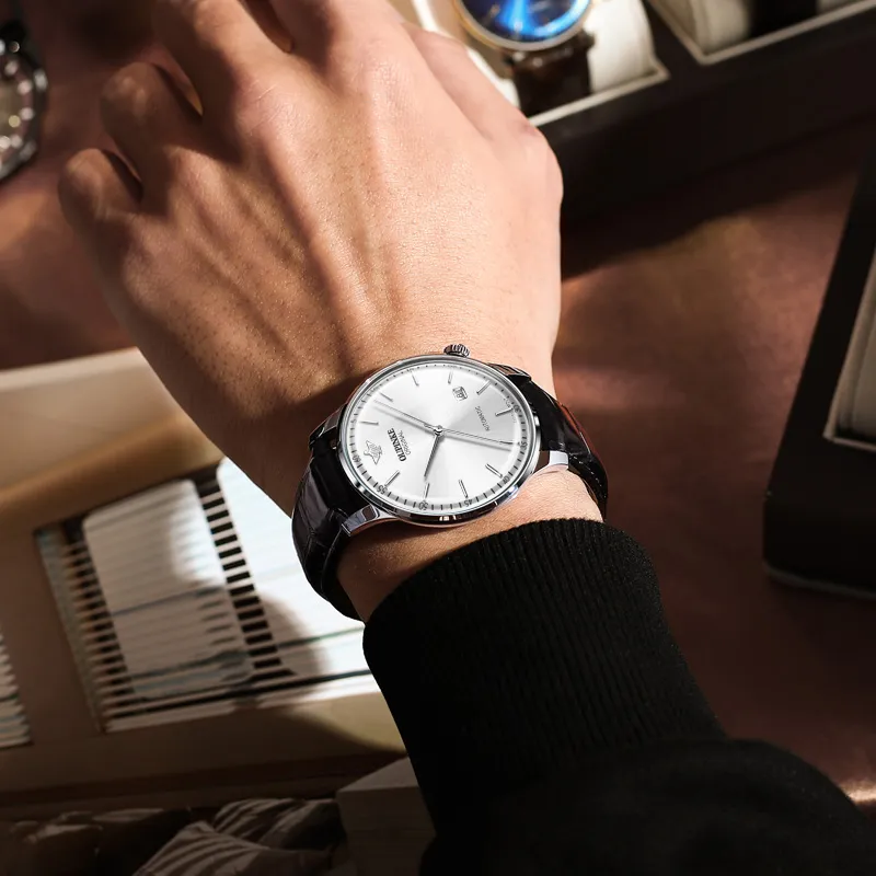 Oupinke Balmont Collection Extra Thin Mechanical Movement Leather Strap Watch Men's Watches White Dial-4