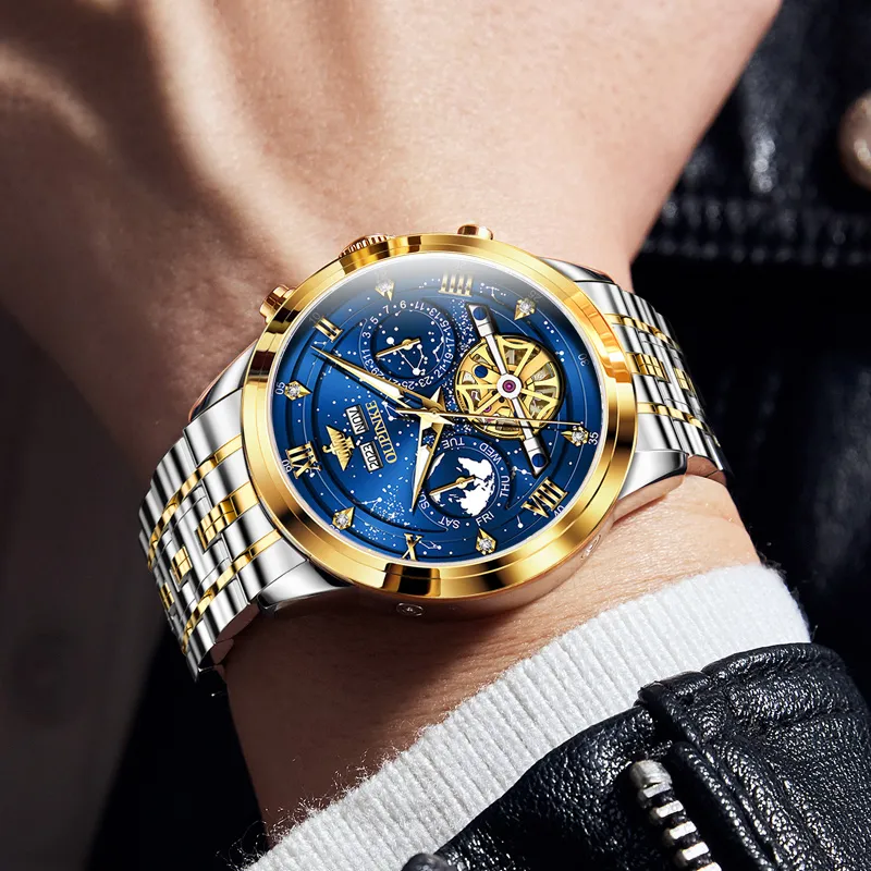 Oupinke Automatic Mechanical Movement Stainless Steel Watchband Watch Men's Watches Blue Dial-26