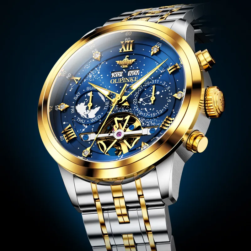 Oupinke Automatic Mechanical Movement Stainless Steel Watchband Watch Men's Watches Blue Dial-25