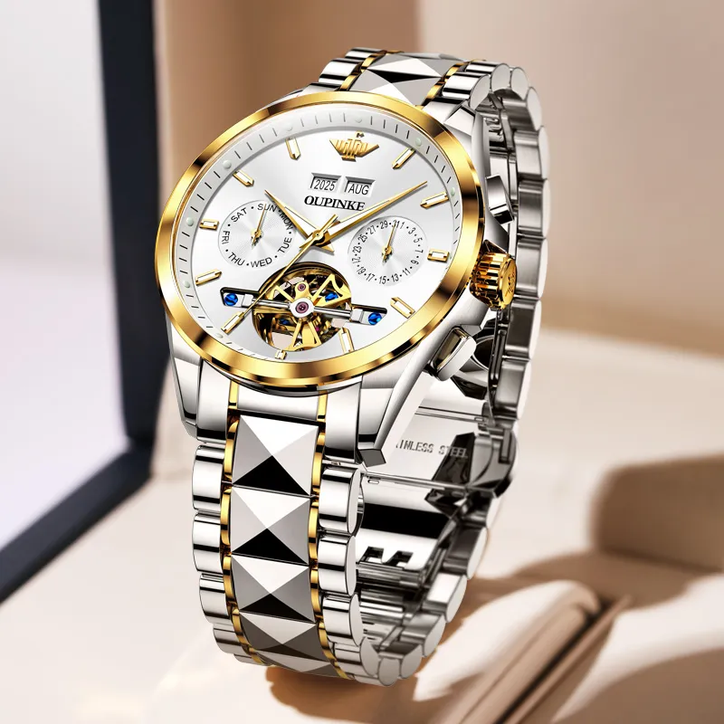 Oupinke Mechanical Movement Stainless Steel Watchband Watch Men's Watches White Dial-2