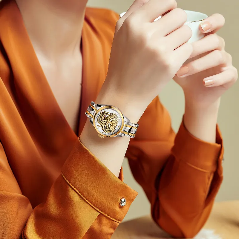 Oupinke Mechanical Movement Stainless Steel Watchband Watch Women's Watch Gold Dial-5