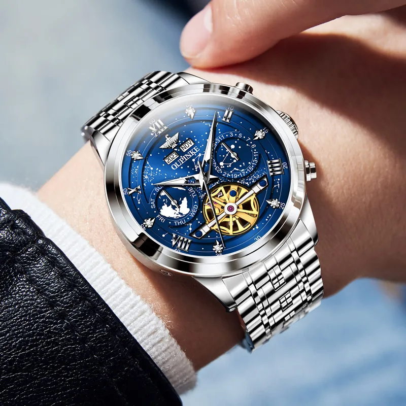 Oupinke Automatic Mechanical Movement Stainless Steel Watchband Watch Men's Watches Blue Dial-33