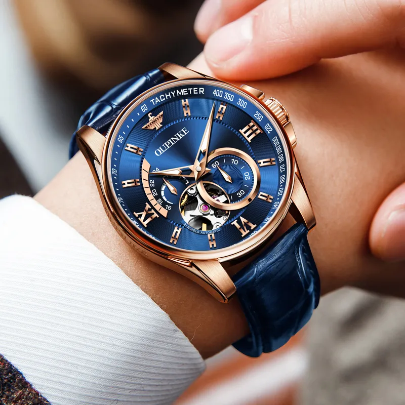 Oupinke Gaias Collection Cut Out Fly Reel Mechanical Movement Leather Strap Watch Men's Watches White Dial-11