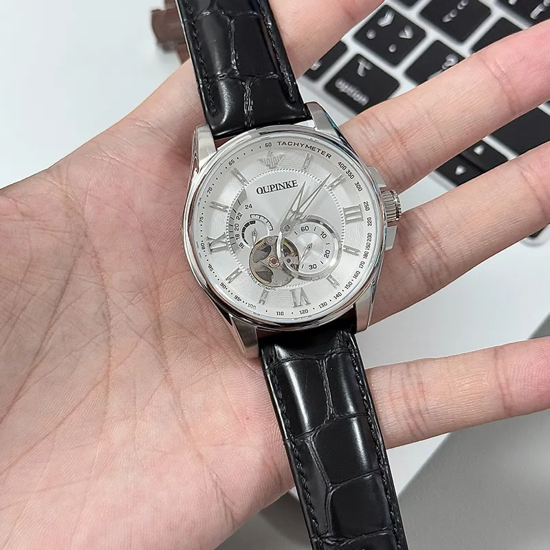 Oupinke Gaias Collection Cut Out Fly Reel Mechanical Movement Leather Strap Watch Men's Watches White Dial-6