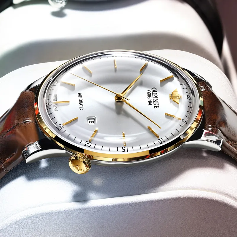 Oupinke Balmont Collection Extra Thin Mechanical Movement Leather Strap Watch Men's Watches White Dial-20
