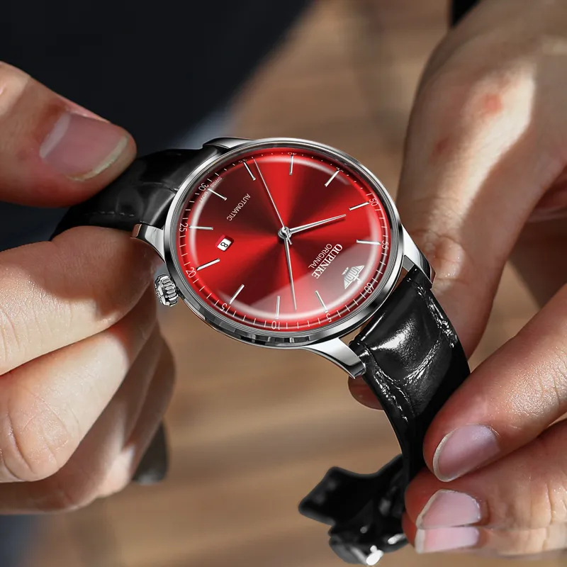 Oupinke Balmont Collection Extra Thin Mechanical Movement Leather Strap Watch Men's Watches White Dial-14