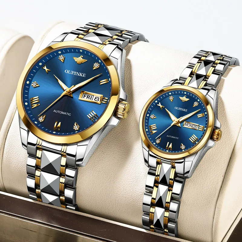 Oupinke Gaias Collection Watch Couple's 1 Pair Mechanical Movement Stainless Steel Watchband Watch Unisex White Dial-12