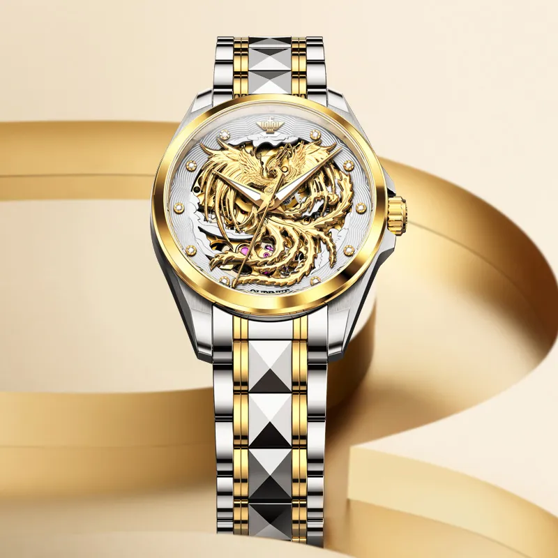 Oupinke Mechanical Movement Stainless Steel Watchband Watch Women's Watch Gold Dial-3