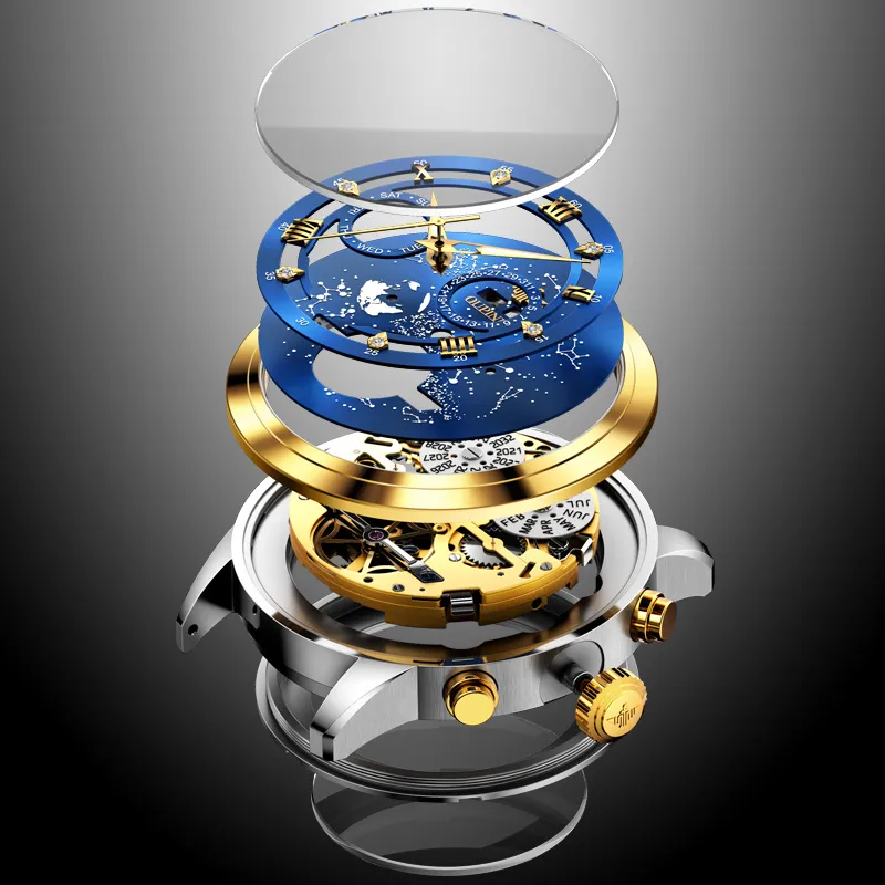 Oupinke Automatic Mechanical Movement Stainless Steel Watchband Watch Men's Watches Blue Dial-27