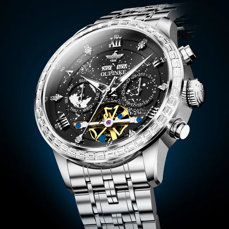 Oupinke Automatic Mechanical Movement Stainless Steel Watchband Watch Men's Watches Blue Dial-18