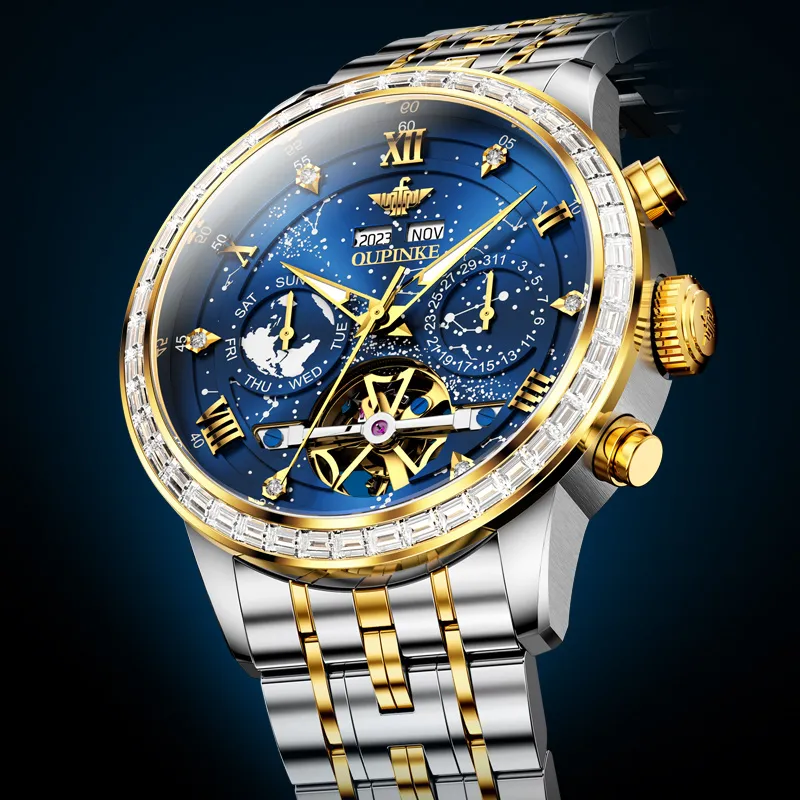 Oupinke Automatic Mechanical Movement Stainless Steel Watchband Watch Men's Watches Blue Dial-4