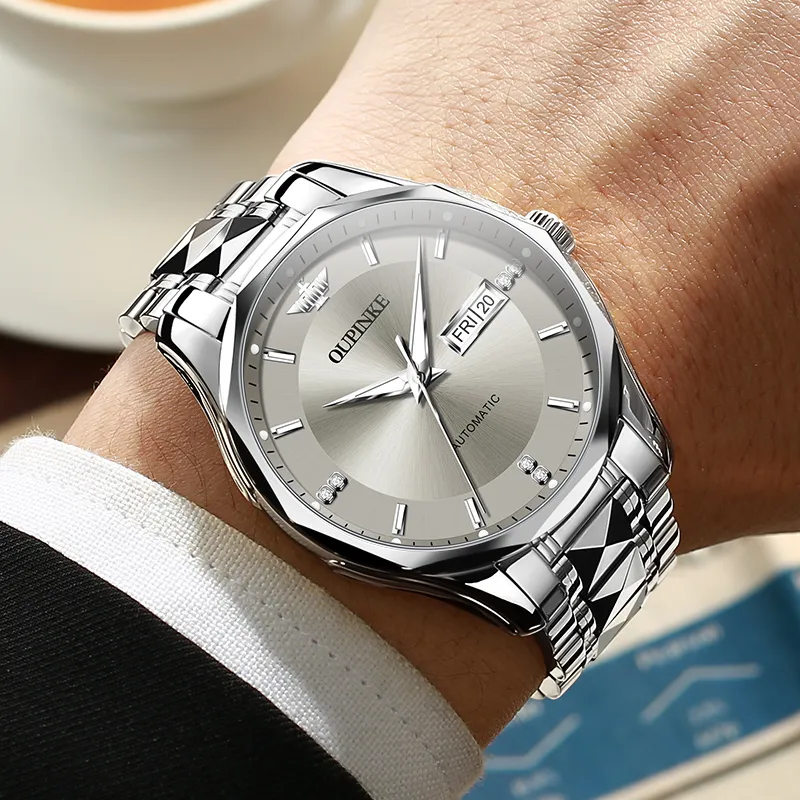 Oupinke Guts Collection Diamond Watch Dial Mechanical Movement Stainless Steel Watchband Watch Men's Watches Gray Dial-3
