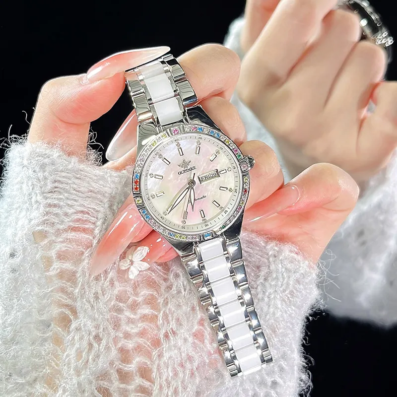 Oupinke Luxury Elegant Women's Watch Mechanical Movement Stainless Steel Watchband Watch Women's Watch White Dial-6