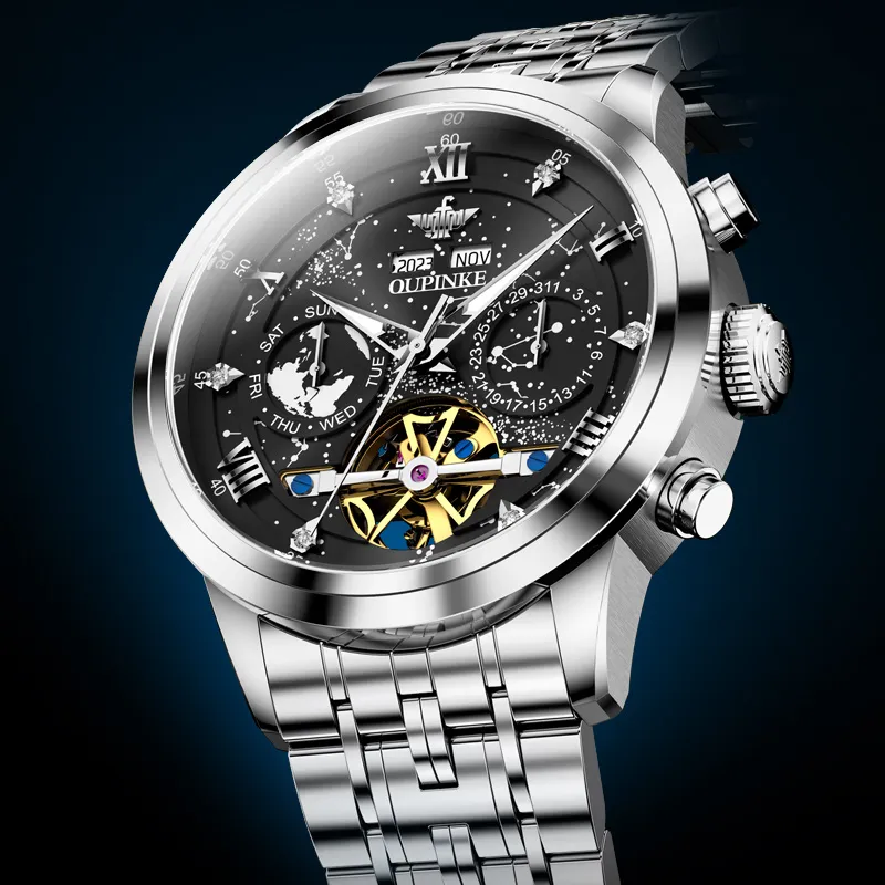 Oupinke Automatic Mechanical Movement Stainless Steel Watchband Watch Men's Watches Blue Dial-39