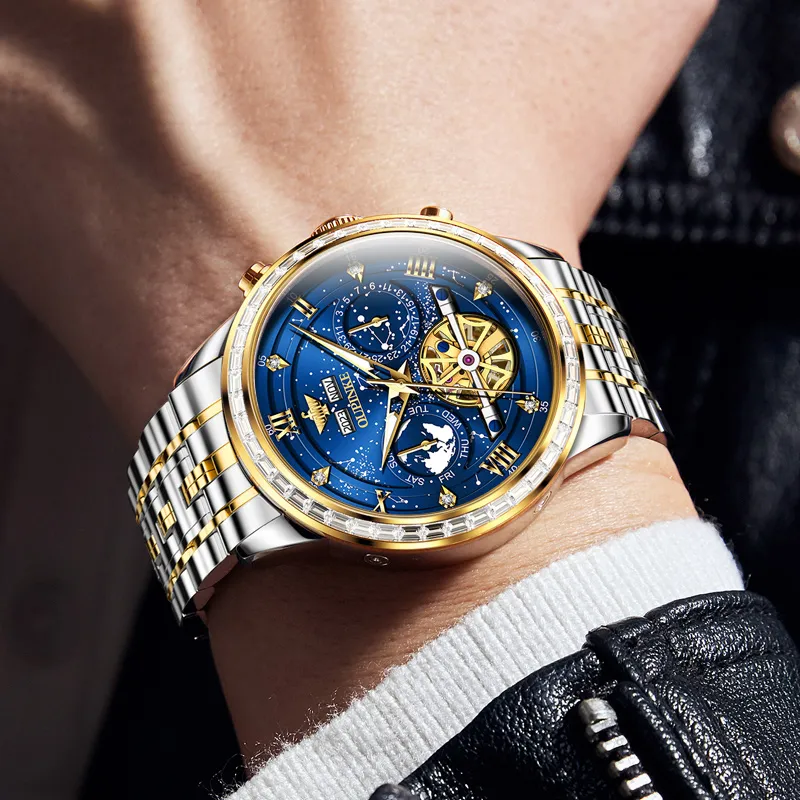 Oupinke Automatic Mechanical Movement Stainless Steel Watchband Watch Men's Watches Blue Dial-6
