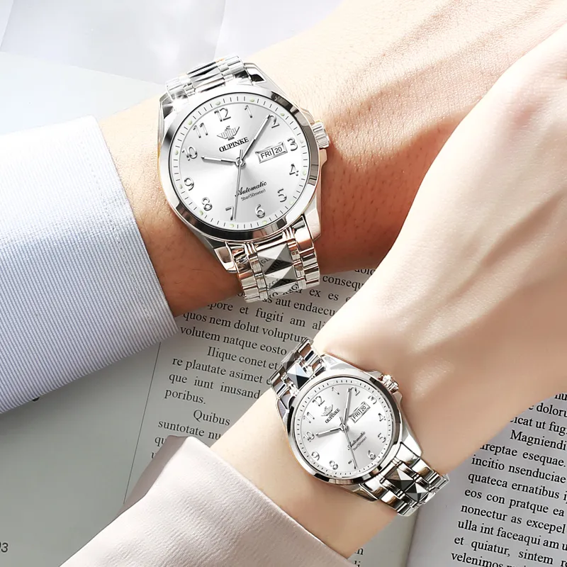 Oupinke Watch Couple's 1 Pair Mechanical Movement Stainless Steel Watchband Watch Unisex White Dial-7