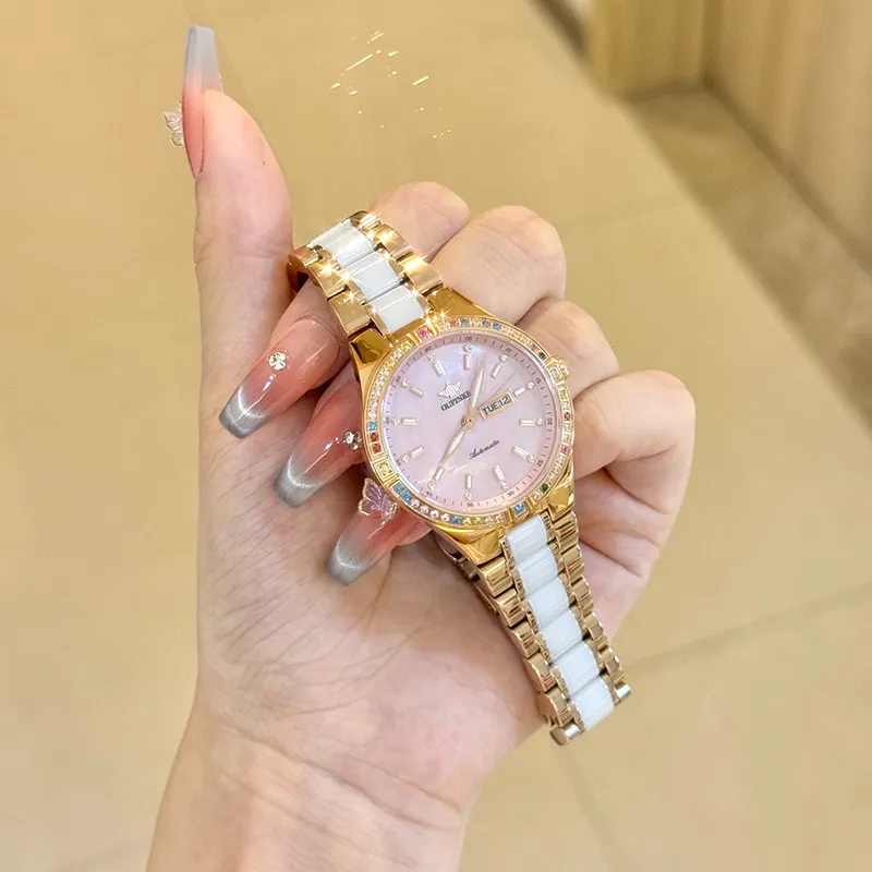 Oupinke Luxury Elegant Women's Watch Mechanical Movement Stainless Steel Watchband Watch Women's Watch White Dial-23