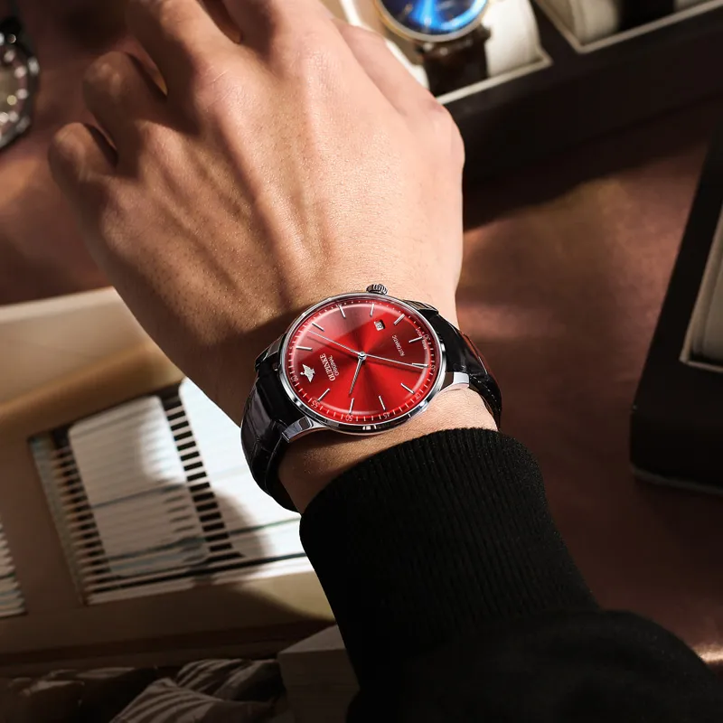 Oupinke Balmont Collection Extra Thin Mechanical Movement Leather Strap Watch Men's Watches White Dial-13