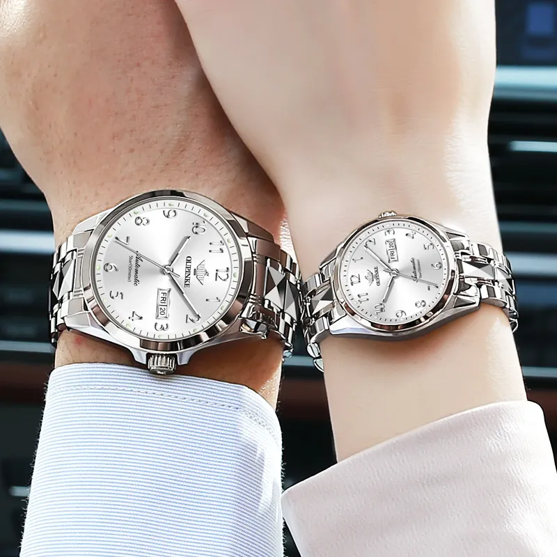 Oupinke Watch Couple's 1 Pair Mechanical Movement Stainless Steel Watchband Watch Unisex White Dial-5