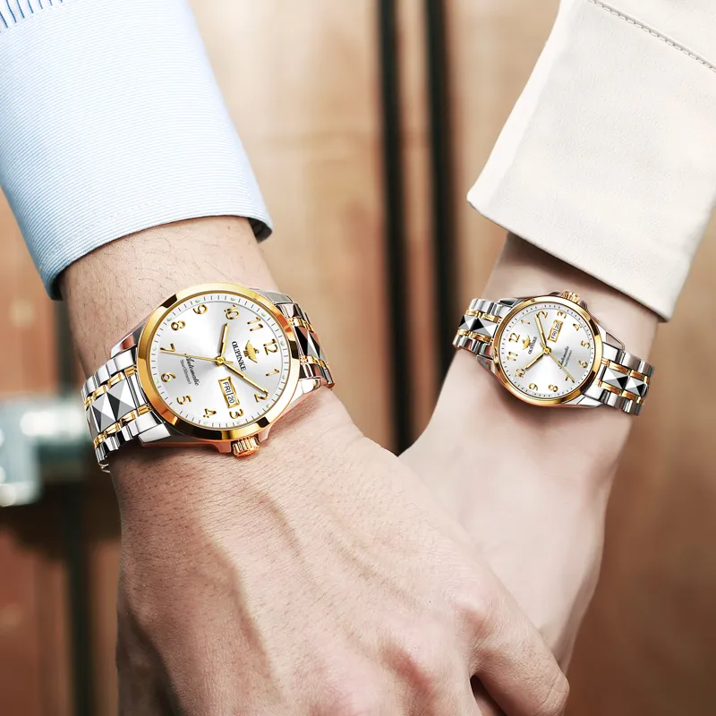 Oupinke Watch Couple's 1 Pair Mechanical Movement Stainless Steel Watchband Watch Unisex White Dial-14