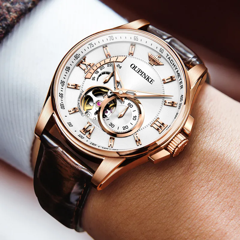Oupinke Gaias Collection Cut Out Fly Reel Mechanical Movement Leather Strap Watch Men's Watches White Dial-15