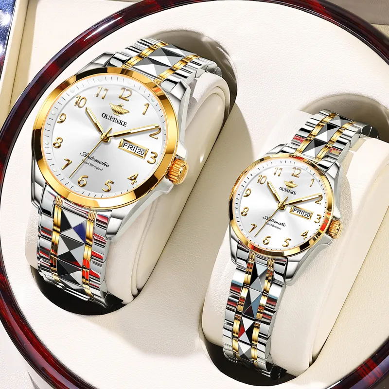 Oupinke Watch Couple's 1 Pair Mechanical Movement Stainless Steel Watchband Watch Unisex White Dial-12