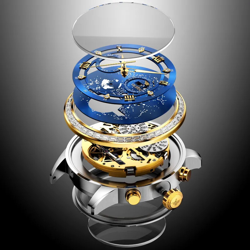 Oupinke Automatic Mechanical Movement Stainless Steel Watchband Watch Men's Watches Blue Dial-5