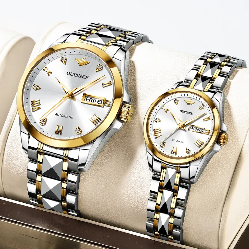 Oupinke Gaias Collection Watch Couple's 1 Pair Mechanical Movement Stainless Steel Watchband Watch Unisex White Dial-2