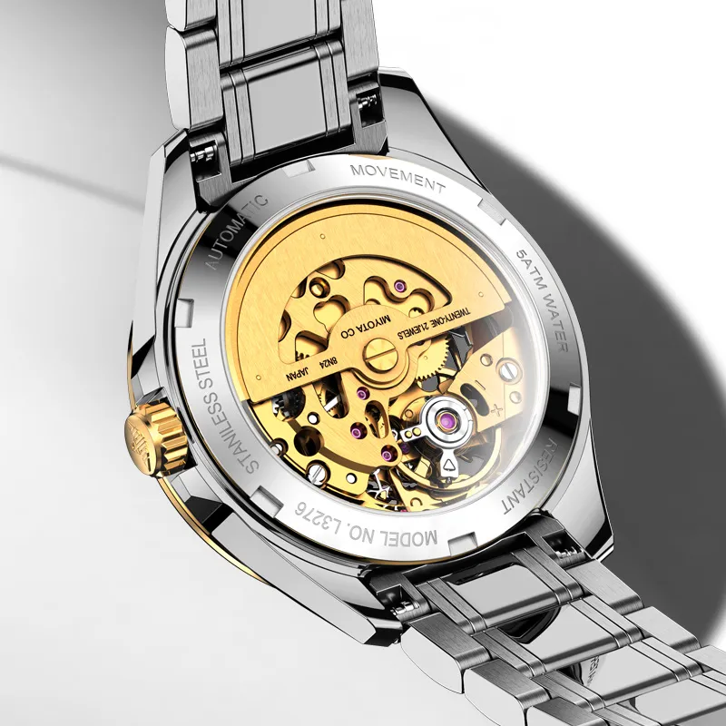 Oupinke Mechanical Movement Stainless Steel Watchband Watch Women's Watch Gold Dial-2