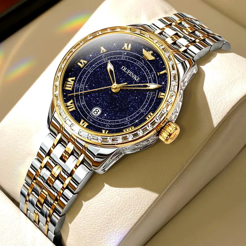 Oupinke Starry Sea Collection Mechanical Movement Stainless Steel Watchband Watch Women's Watch Blue Dial-3