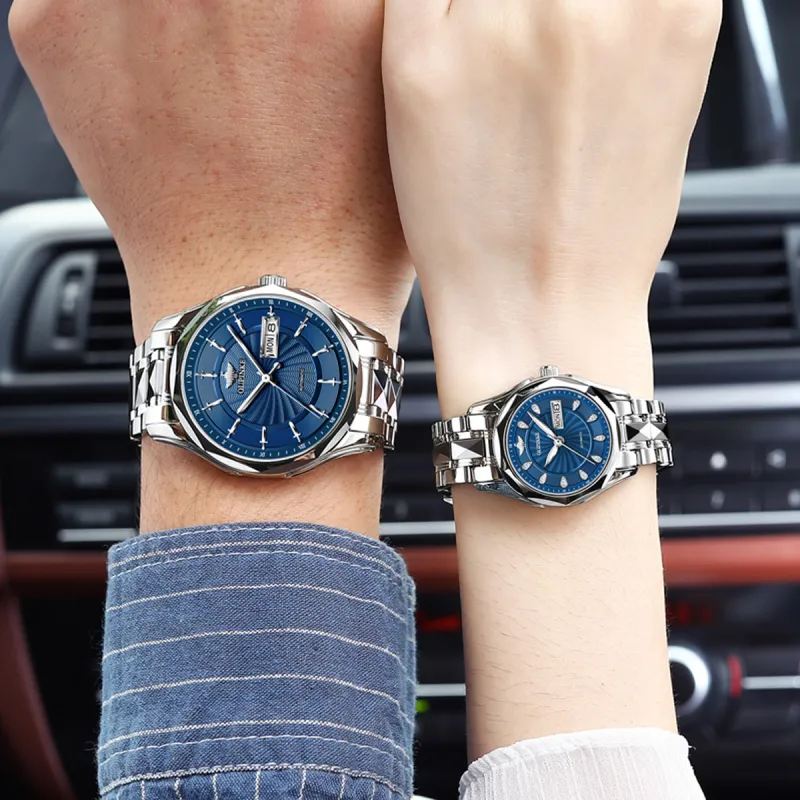 Oupinke Watch Couple's 1 Pair Mechanical Movement Stainless Steel Watchband Watch Unisex White Dial-13