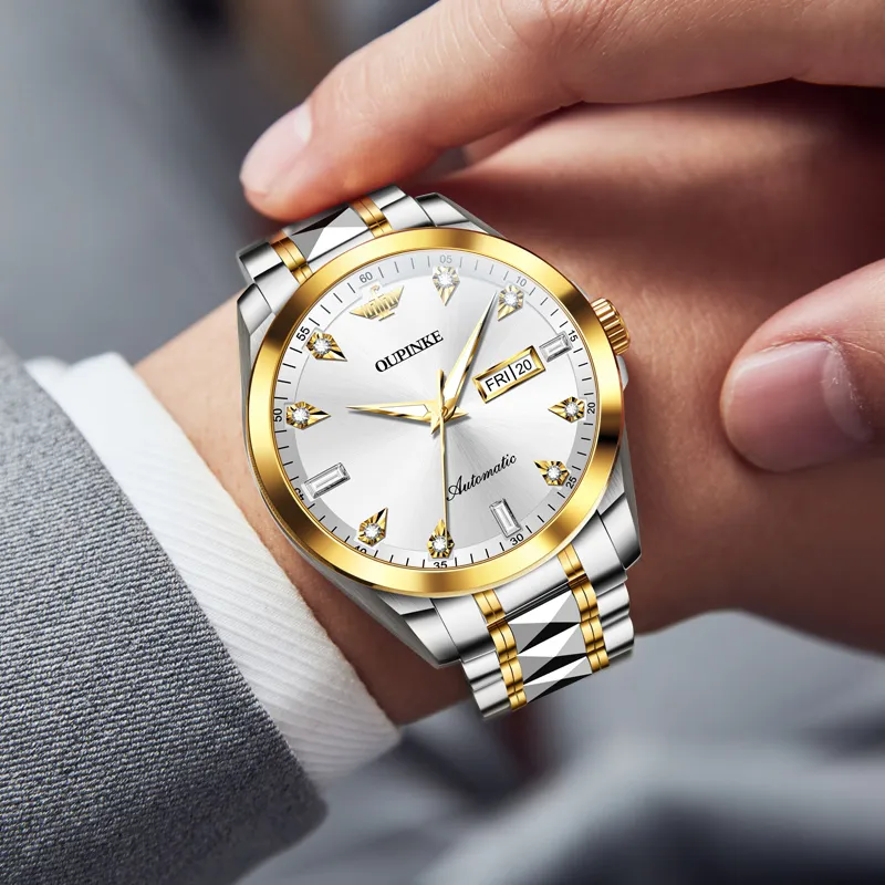 Oupinke Guts Collection Mechanical Movement Stainless Steel Watchband Watch Men's Watches White Dial-3