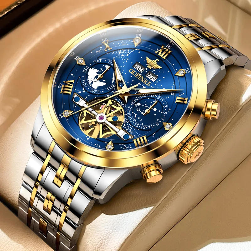 Oupinke Automatic Mechanical Movement Stainless Steel Watchband Watch Men's Watches Blue Dial-24