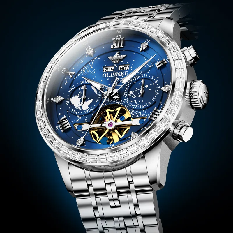 Oupinke Automatic Mechanical Movement Stainless Steel Watchband Watch Men's Watches Blue Dial-11