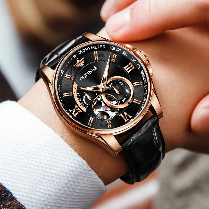 Oupinke Gaias Collection Cut Out Fly Reel Mechanical Movement Leather Strap Watch Men's Watches White Dial-20
