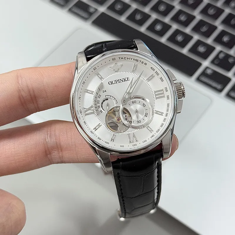 Oupinke Gaias Collection Cut Out Fly Reel Mechanical Movement Leather Strap Watch Men's Watches White Dial-7
