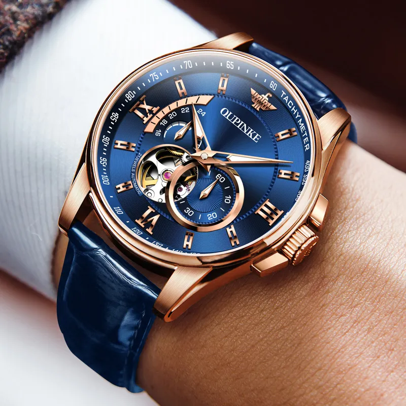 Oupinke Gaias Collection Cut Out Fly Reel Mechanical Movement Leather Strap Watch Men's Watches White Dial-12
