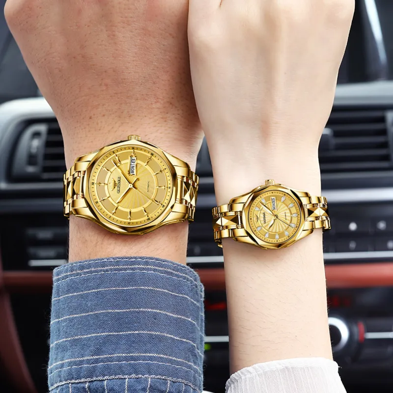 Oupinke Watch Couple's 1 Pair Mechanical Movement Stainless Steel Watchband Watch Unisex White Dial-21