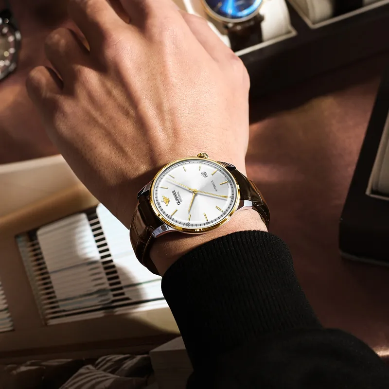 Oupinke Balmont Collection Extra Thin Mechanical Movement Leather Strap Watch Men's Watches White Dial-22