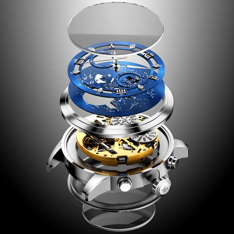 Oupinke Automatic Mechanical Movement Stainless Steel Watchband Watch Men's Watches Blue Dial-34
