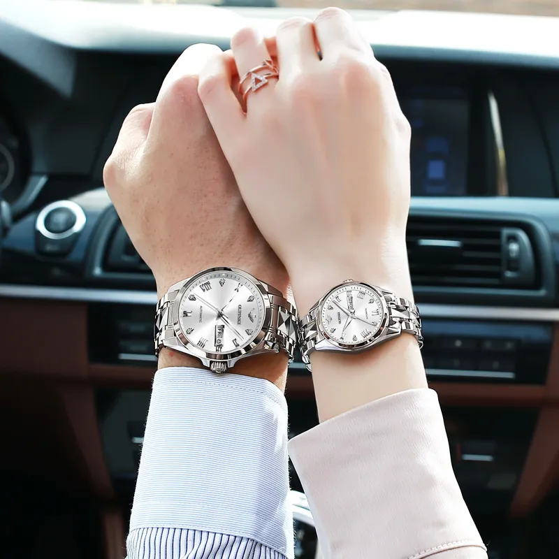Oupinke Gaias Collection Watch Couple's 1 Pair Mechanical Movement Stainless Steel Watchband Watch Unisex White Dial-24