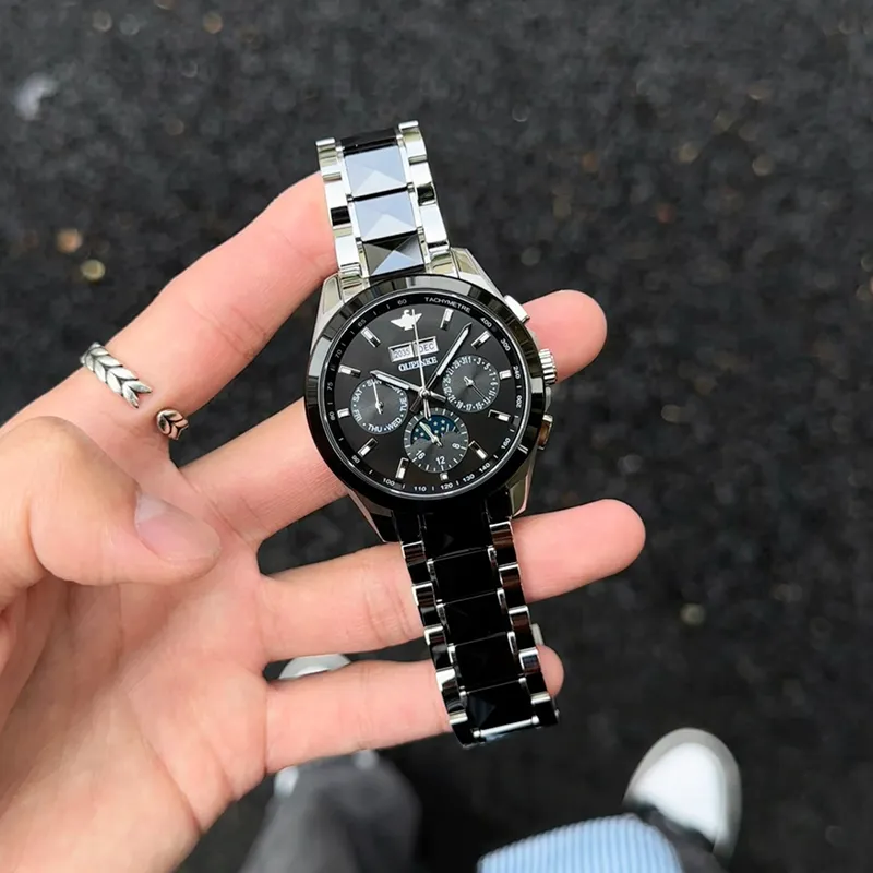 Oupinke Automatic Mechanical Movement Stainless Steel Watchband Watch Men's Watches Black Dial-1