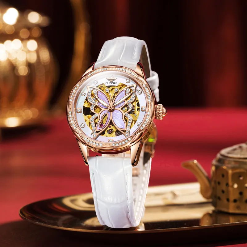 Oupinke AIR-BORN Collection Ceramic Rhinestone-Embellished Mechanical Movement Watch Women's Watch White Dial-20