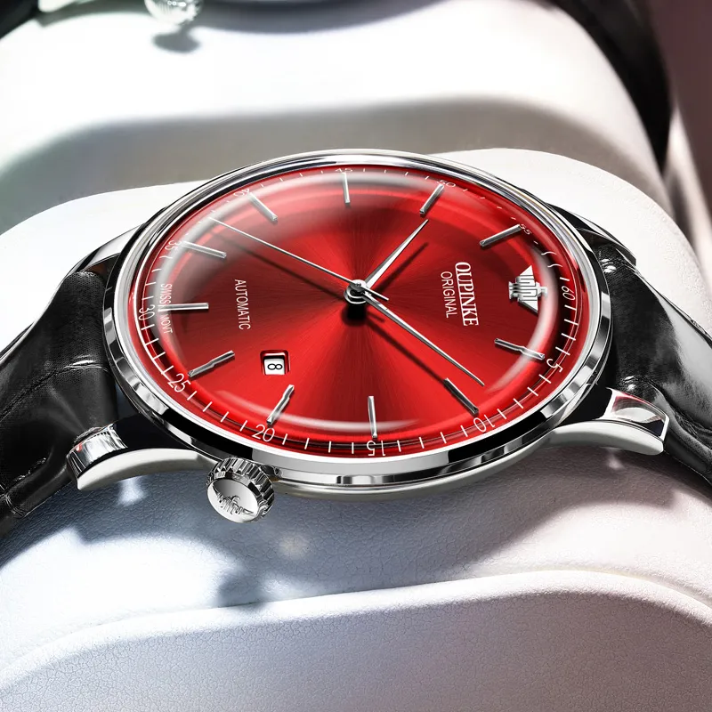 Oupinke Balmont Collection Extra Thin Mechanical Movement Leather Strap Watch Men's Watches White Dial-12